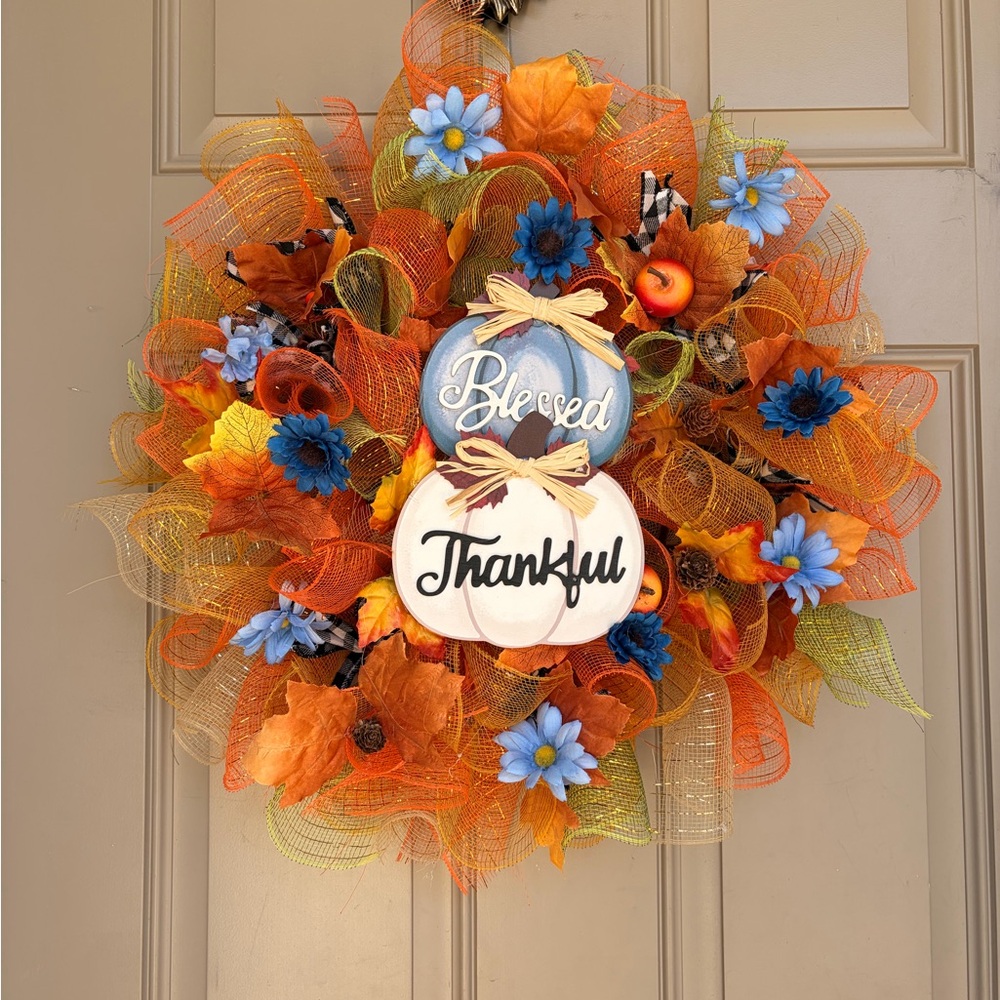 Autumn Wreath with Blue and Orange Accents